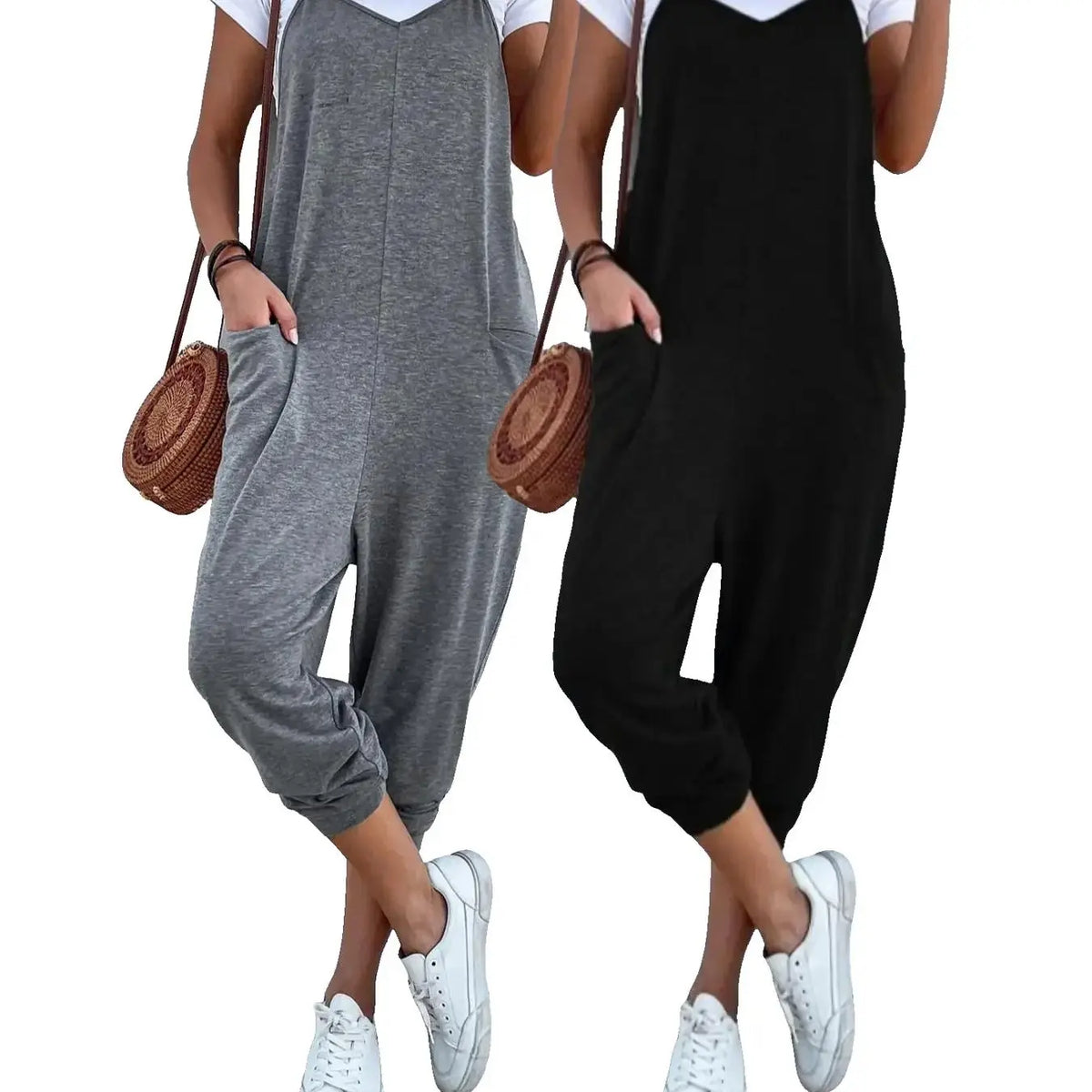 Grey Sleeveless Knit Jumpsuit with Pockets