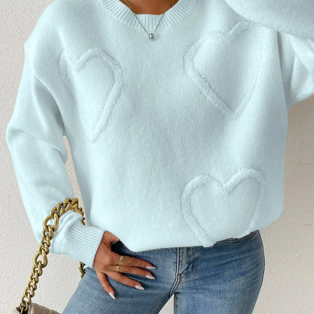 Cream Knit Sweater with Raised Heart Motifs