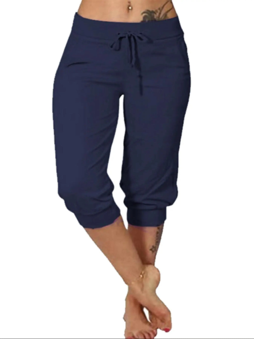 Navy Drawstring Capri Pants with Cuffed Hems