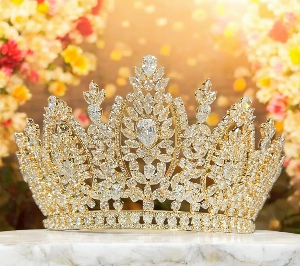 Gold Tone Crystal Crown with Leaf Shaped Stones