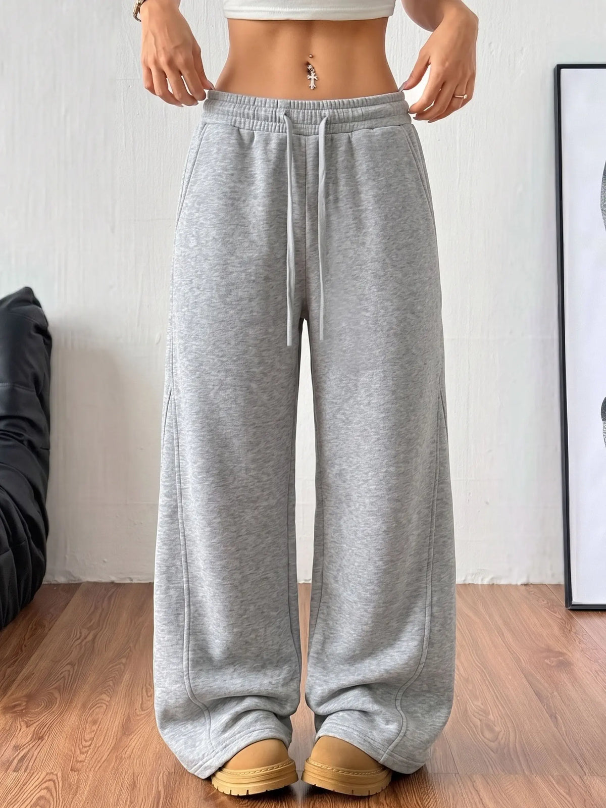 Grey Wide-Leg Drawstring Sweatpants