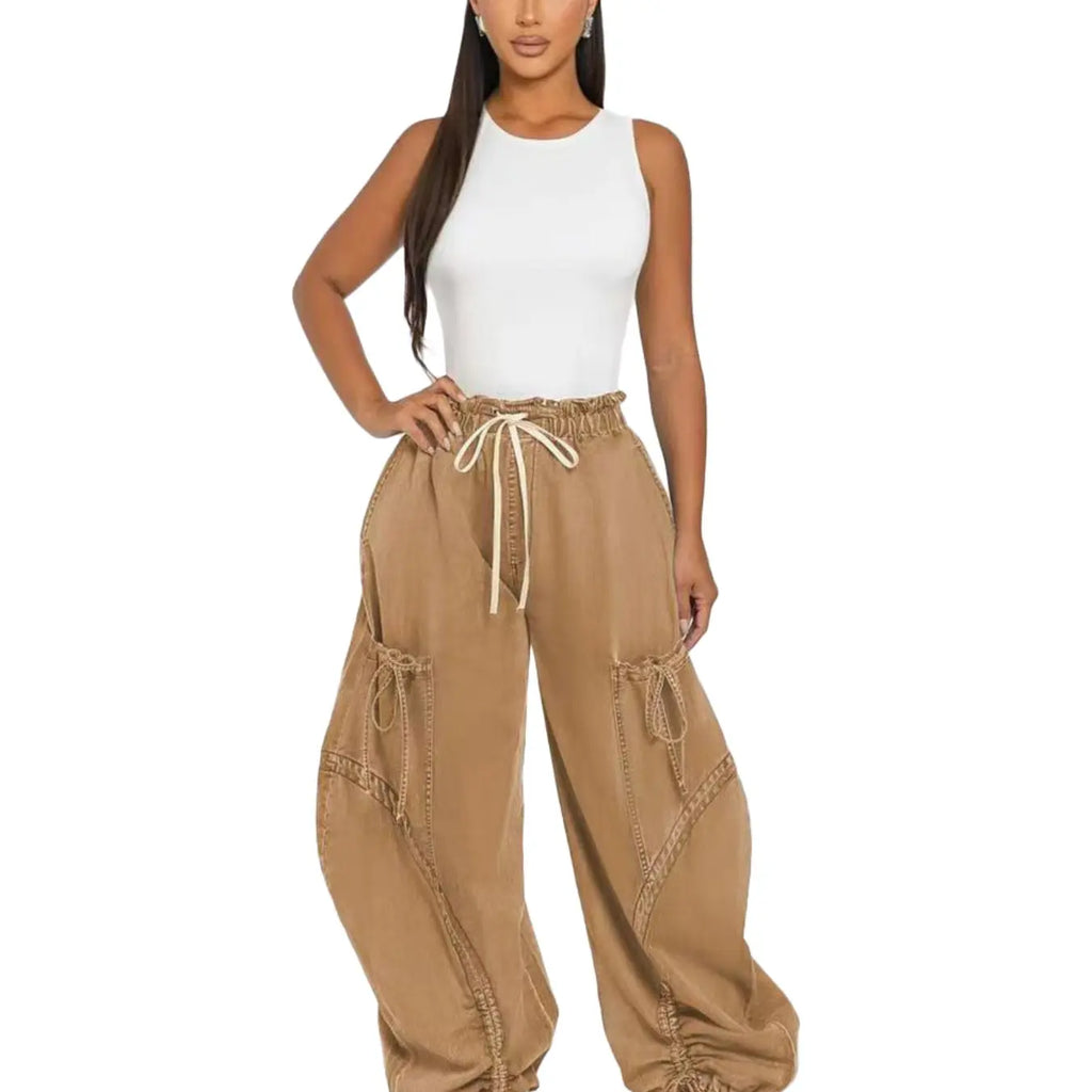 Blue Denim Balloon Pants with Drawstring Ties