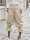 Beige High-Waist Pleated Pants with Gathered Cuffs