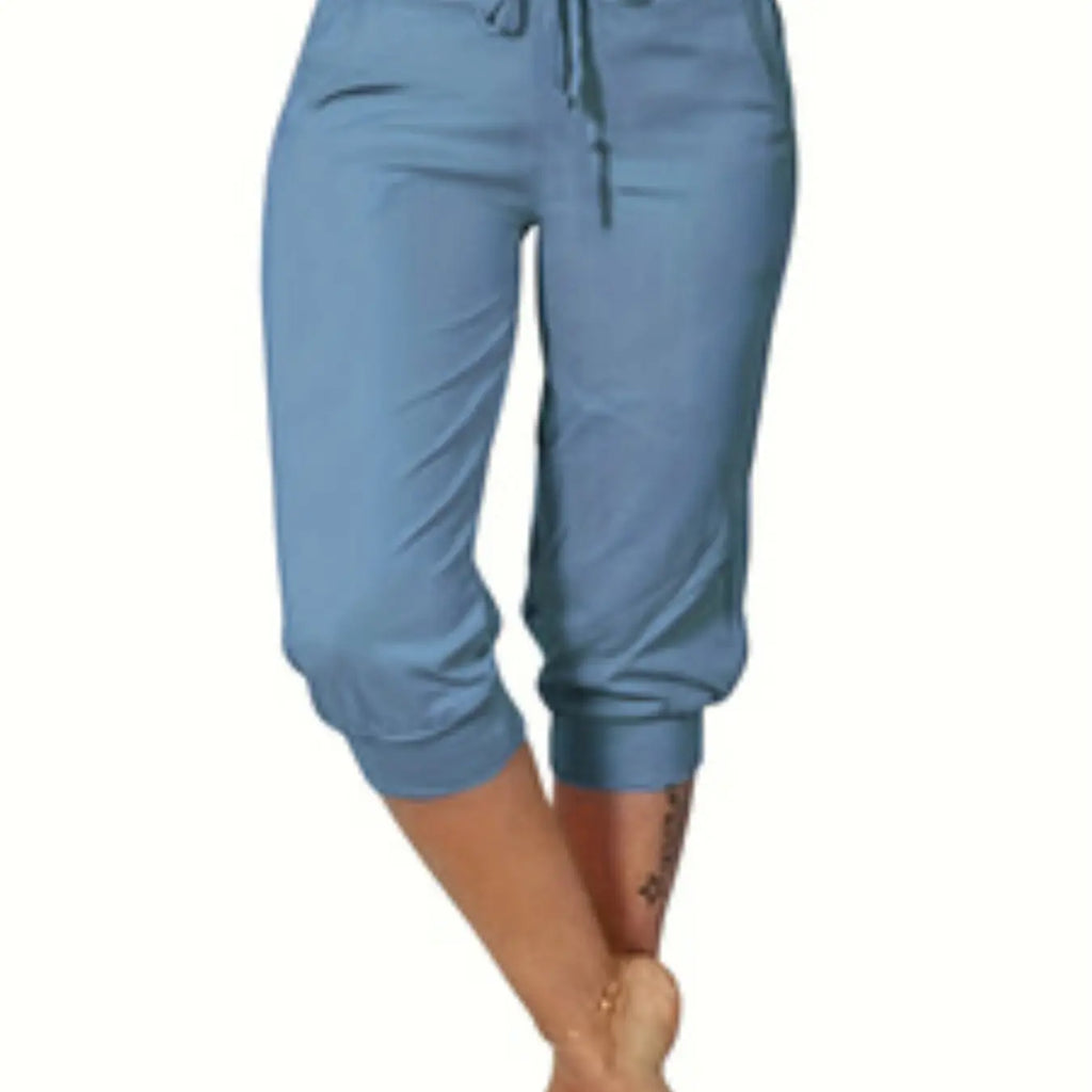 Navy Drawstring Capri Pants with Cuffed Hems