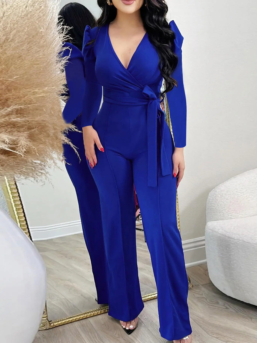 Royal Blue Wrap Front Jumpsuit with Waist Tie