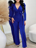 Royal Blue Wrap Front Jumpsuit with Waist Tie
