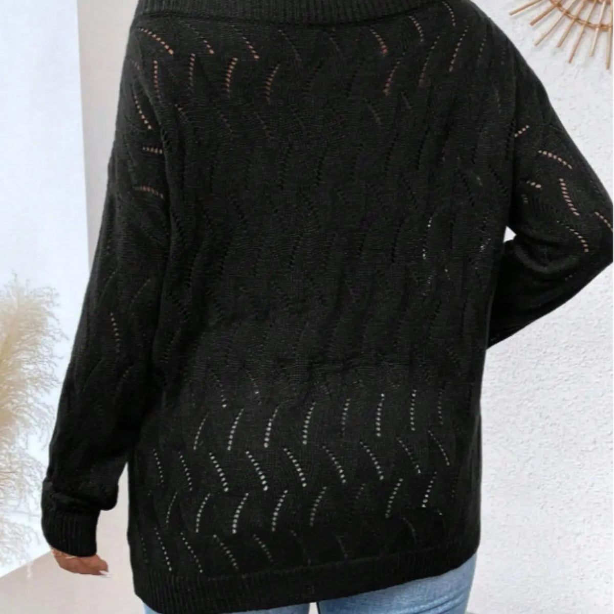 Black Open-Knit Scoop Neck Pullover Sweater