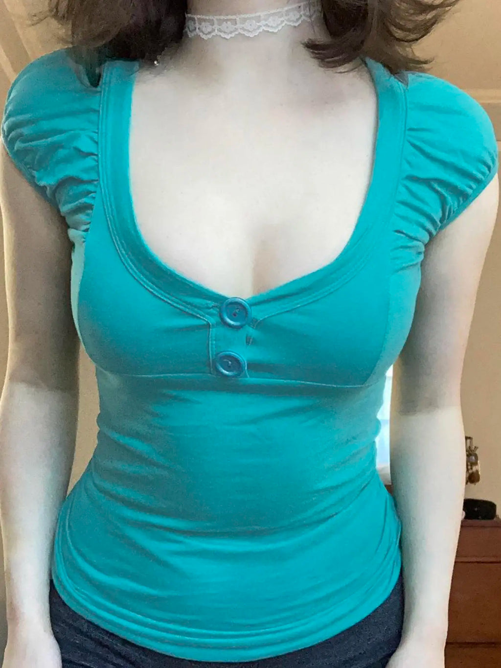 Teal Scoop Neck Top with Puff Sleeves