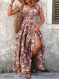 Burgundy Floral Print V-Neck Maxi Dress with Slit