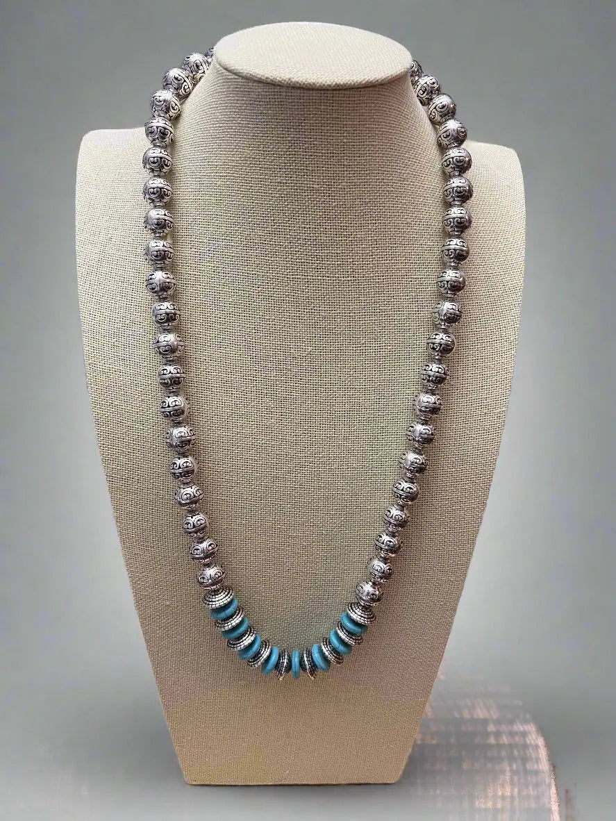 Silver-Tone Beaded Necklace with Turquoise Accents