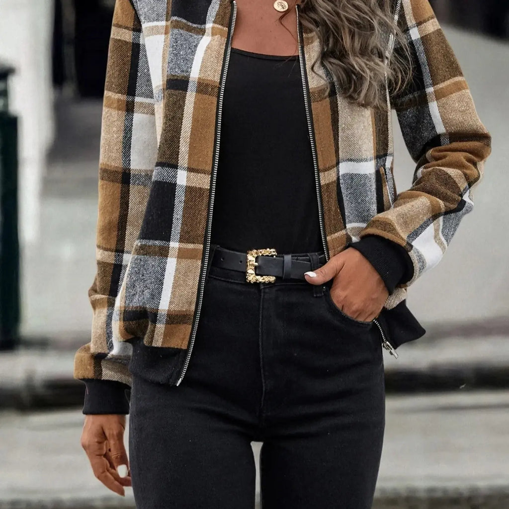 Gray and Black Plaid Zip-Front Bomber Jacket