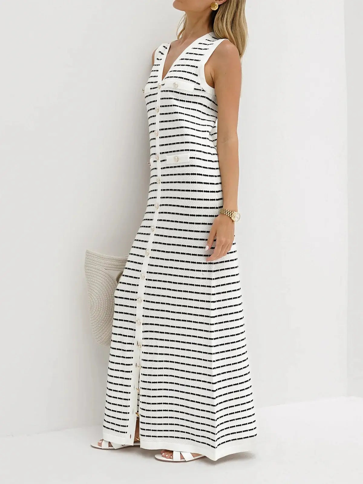 White Sleeveless Long Dress with Black Stripes