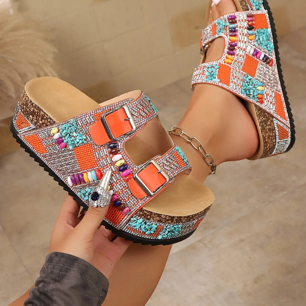 Beaded Pink Platform Slide Sandals with Buckles