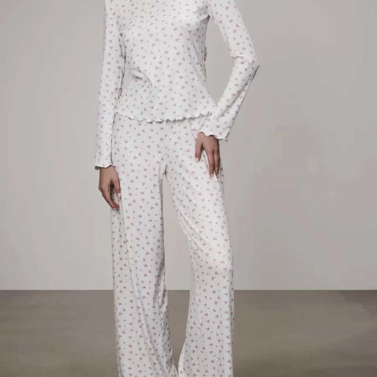 White Ditsy Floral Long Sleeve Pajama Set