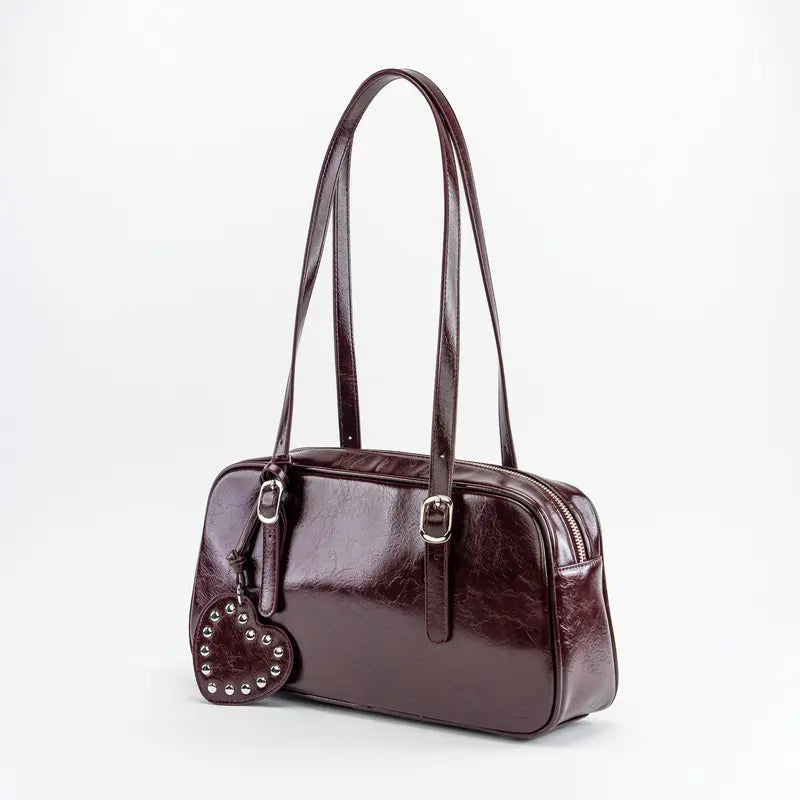 Black Glossy Bowler Shoulder Bag with Heart Charm