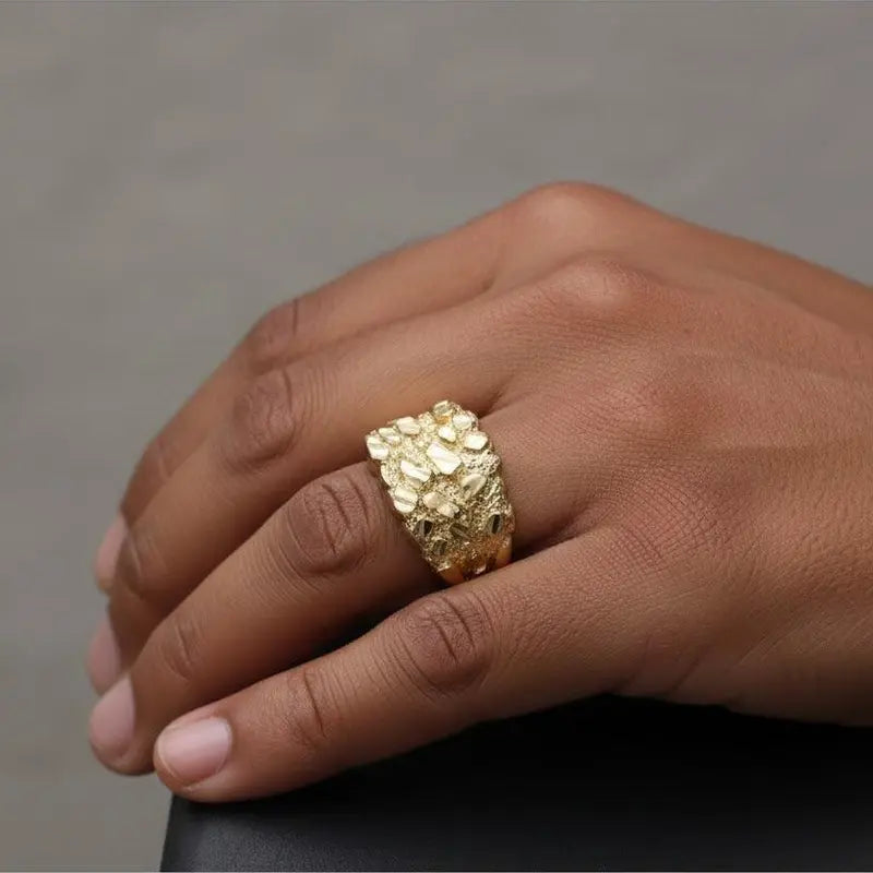 Wide Yellow Gold Nugget Style Band Ring