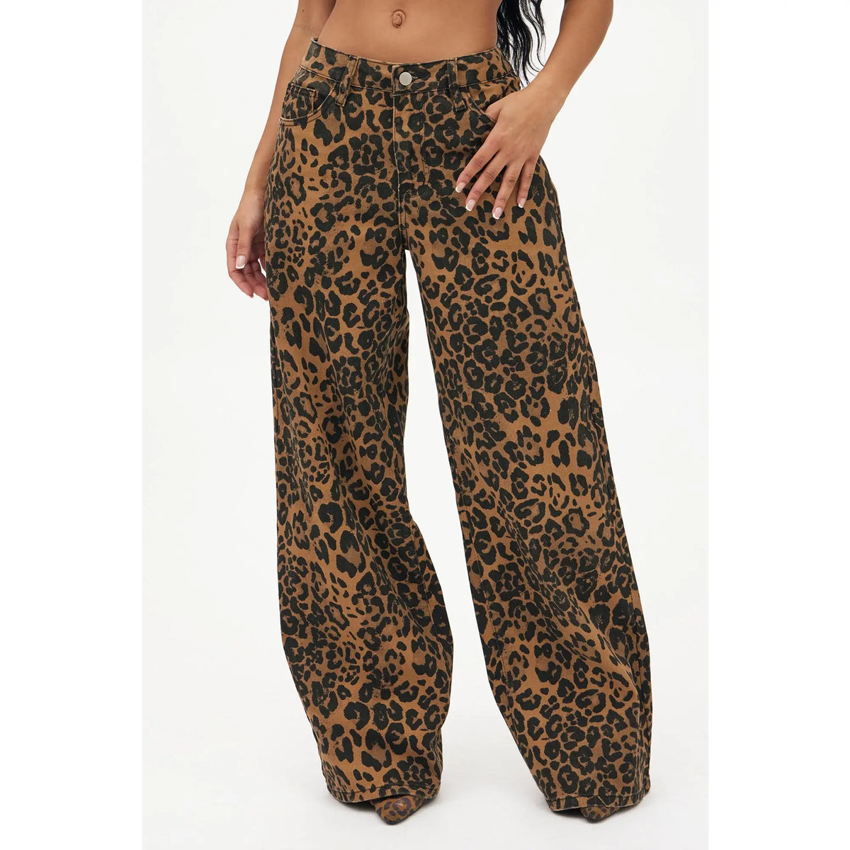 Leopard Print Wide-Leg Denim Jeans in Brown
