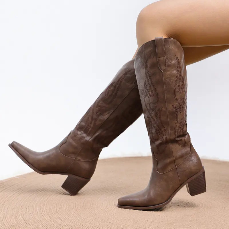 Brown Knee-High Western Boots with Stitched Pattern