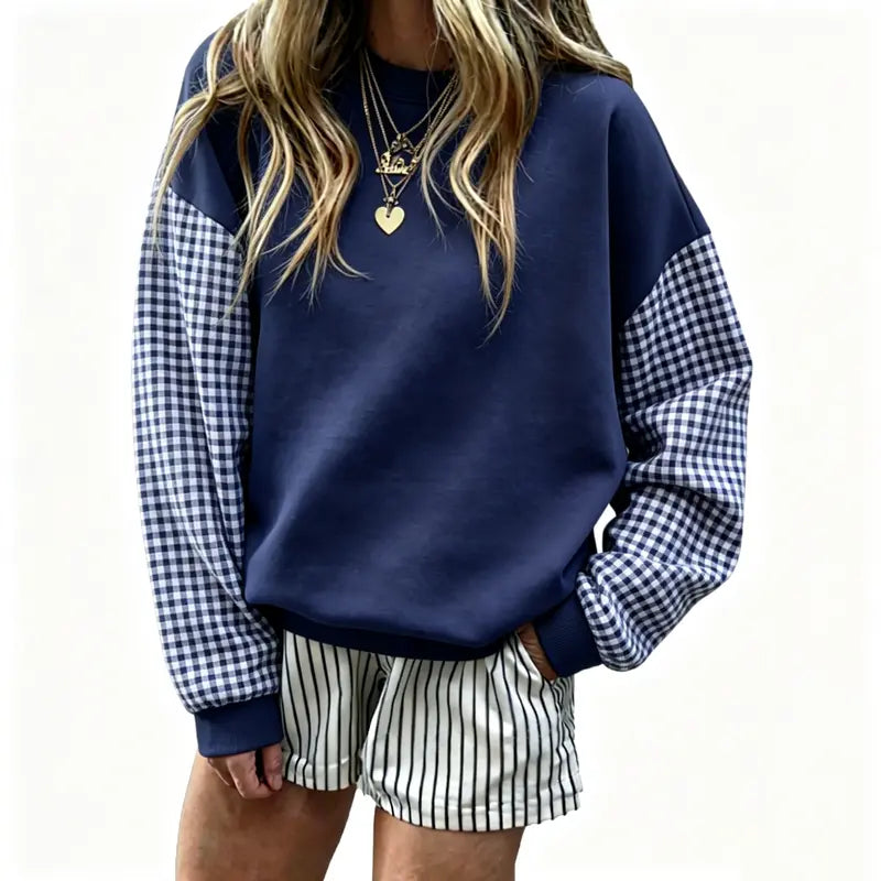 Red Crewneck Sweatshirt with Gingham Sleeves