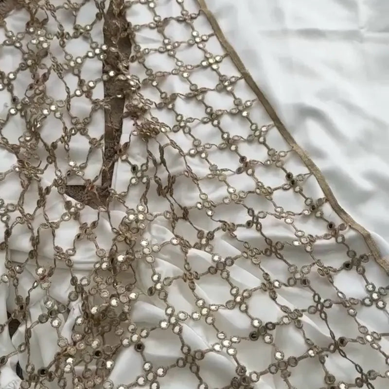 Gold Beaded Net Dupatta Scarf with Open Mesh
