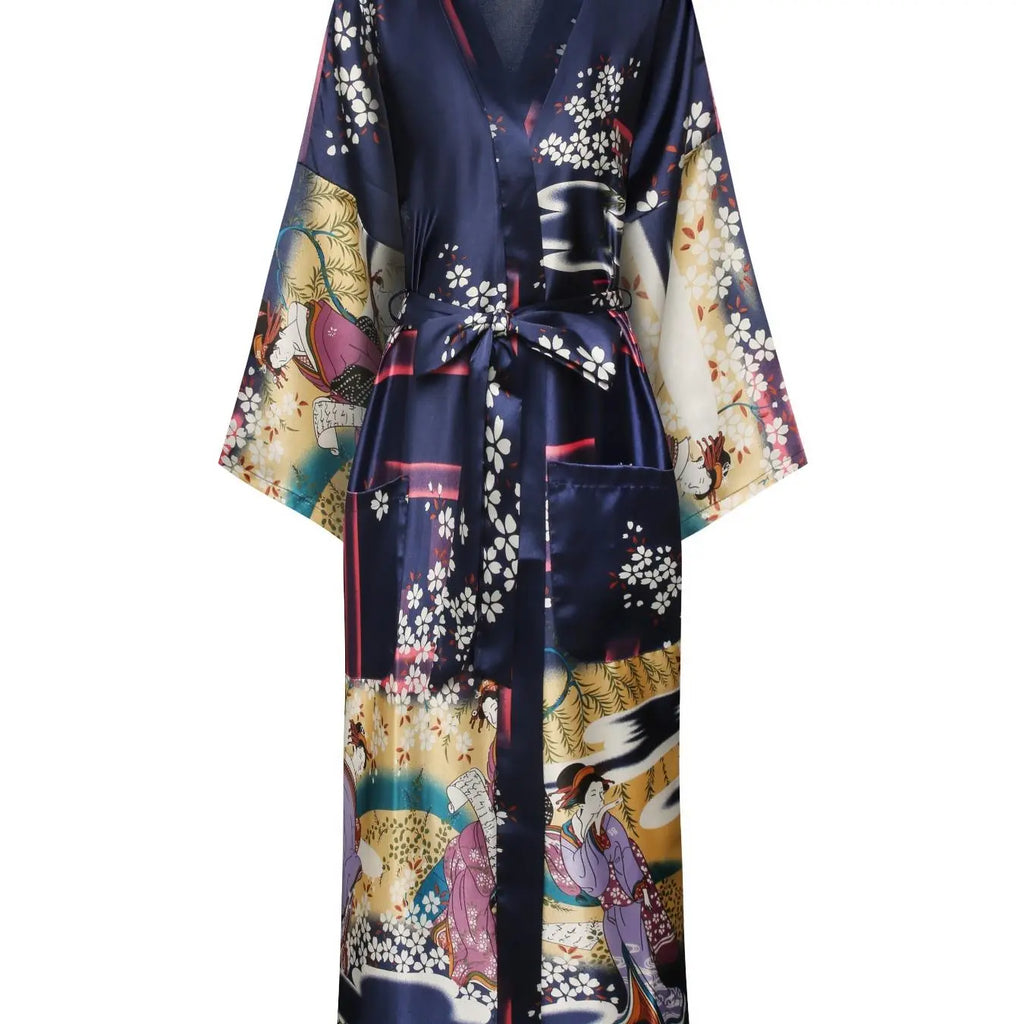 Long Black Satin Robe with Floral Print