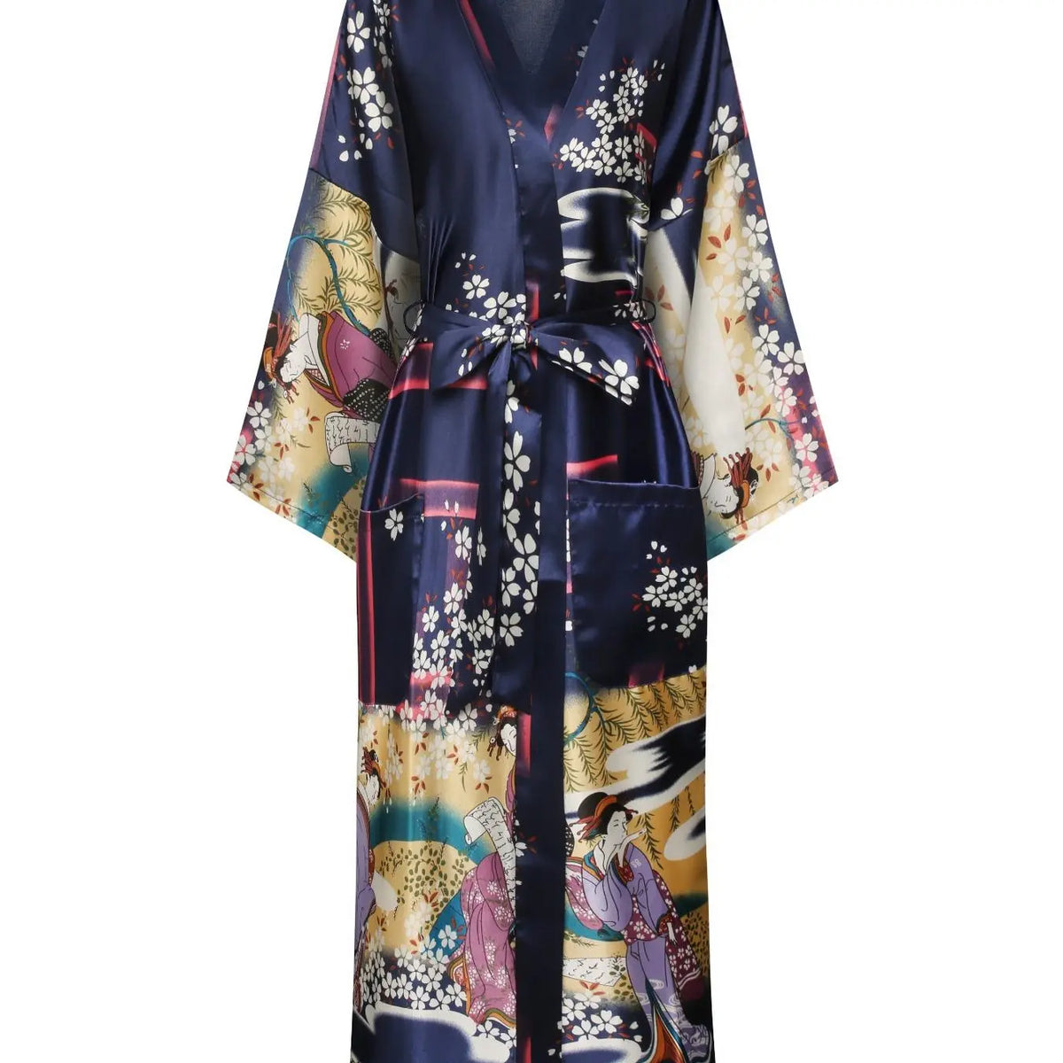 Long Black Satin Robe with Floral Print