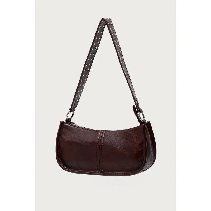 Brown Faux Leather Shoulder Bag with Studded Strap
