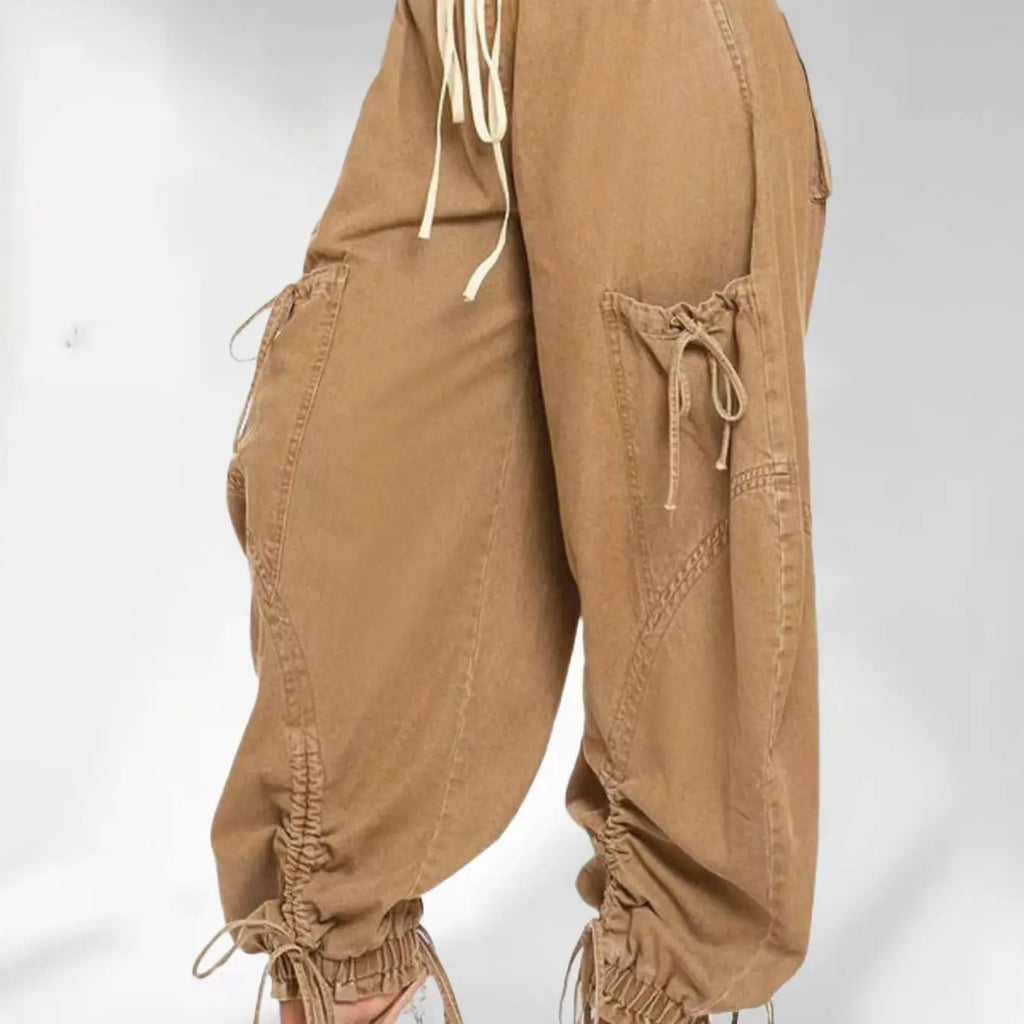 Blue Denim Balloon Pants with Drawstring Ties