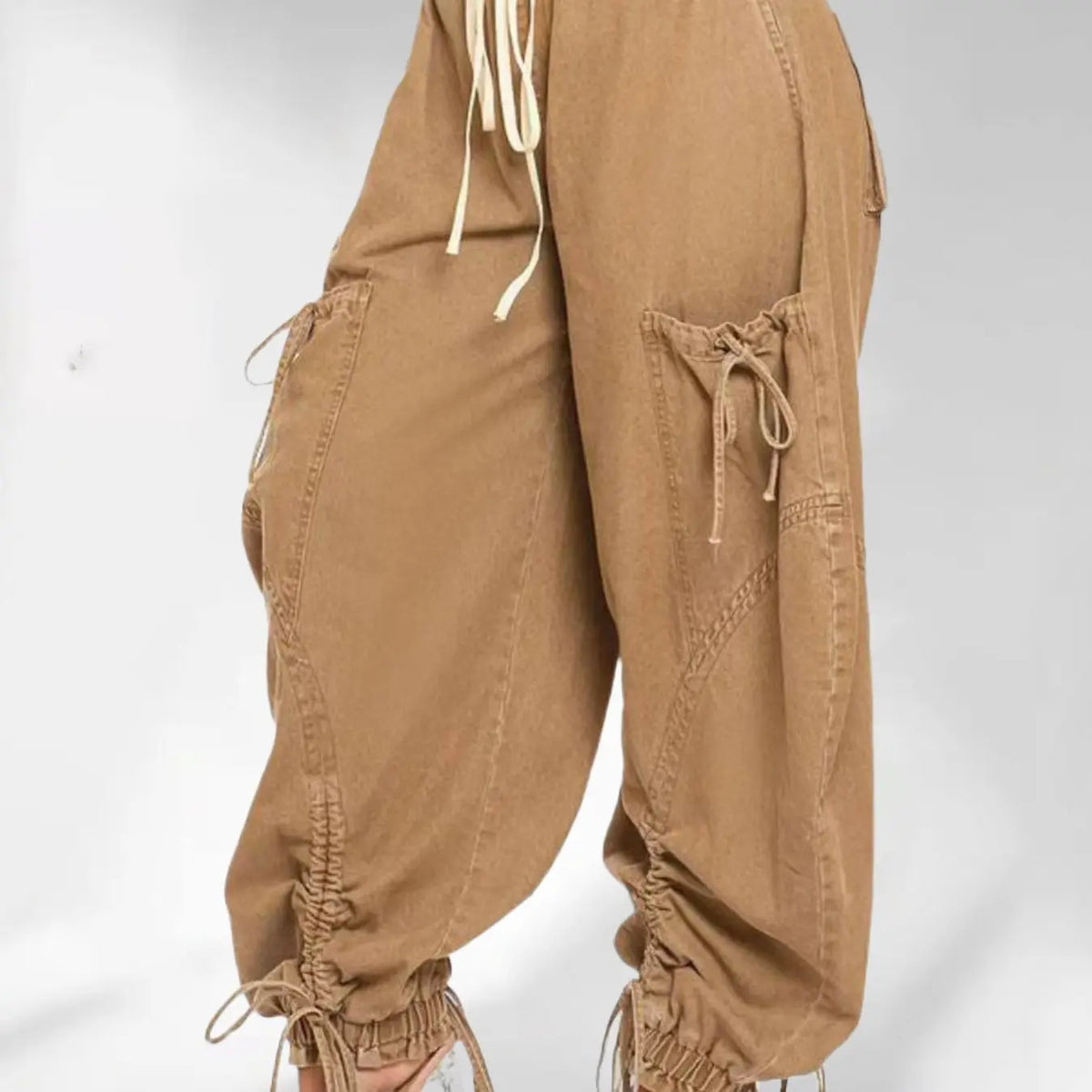 Blue Denim Balloon Pants with Drawstring Ties
