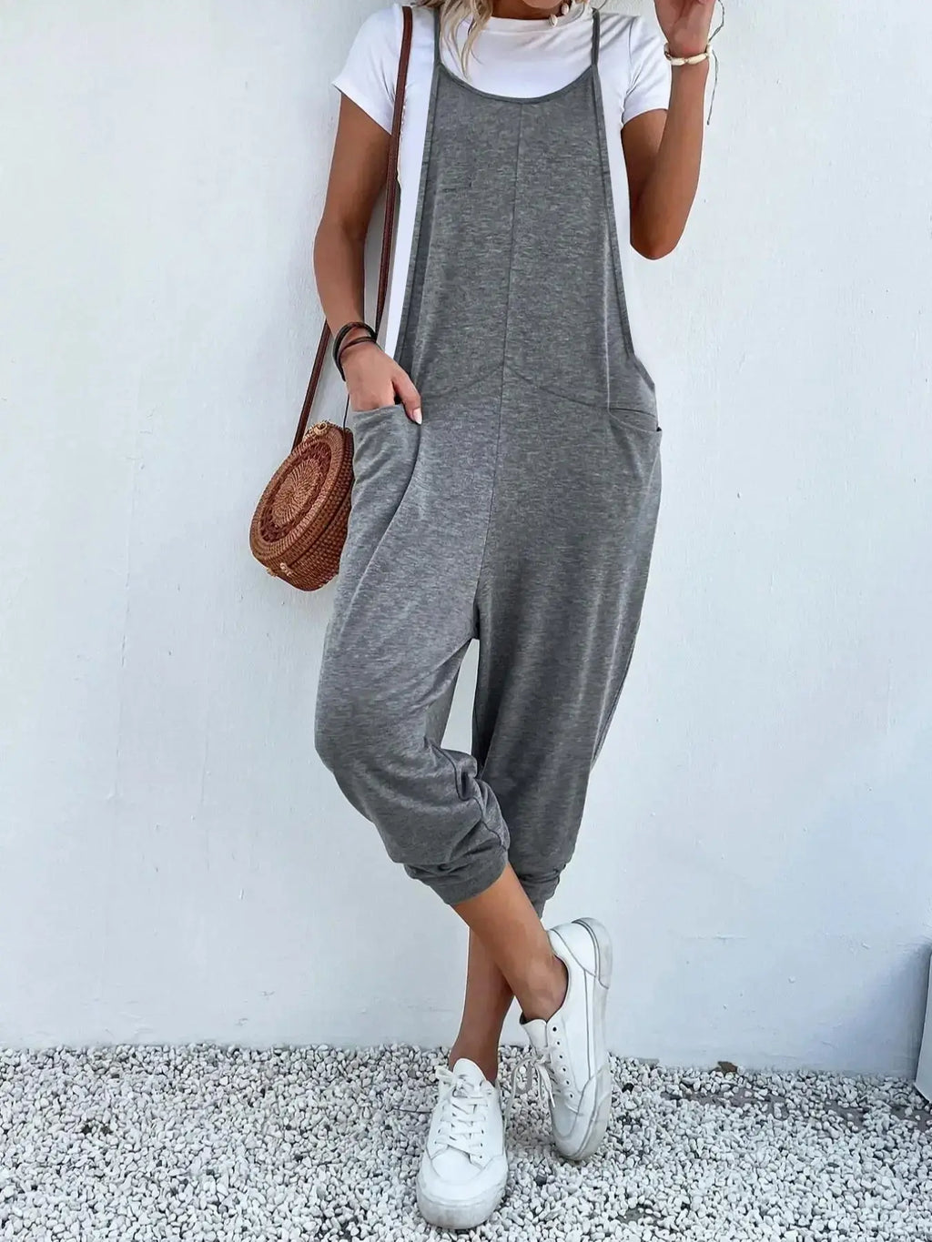 Grey Sleeveless Knit Jumpsuit with Pockets