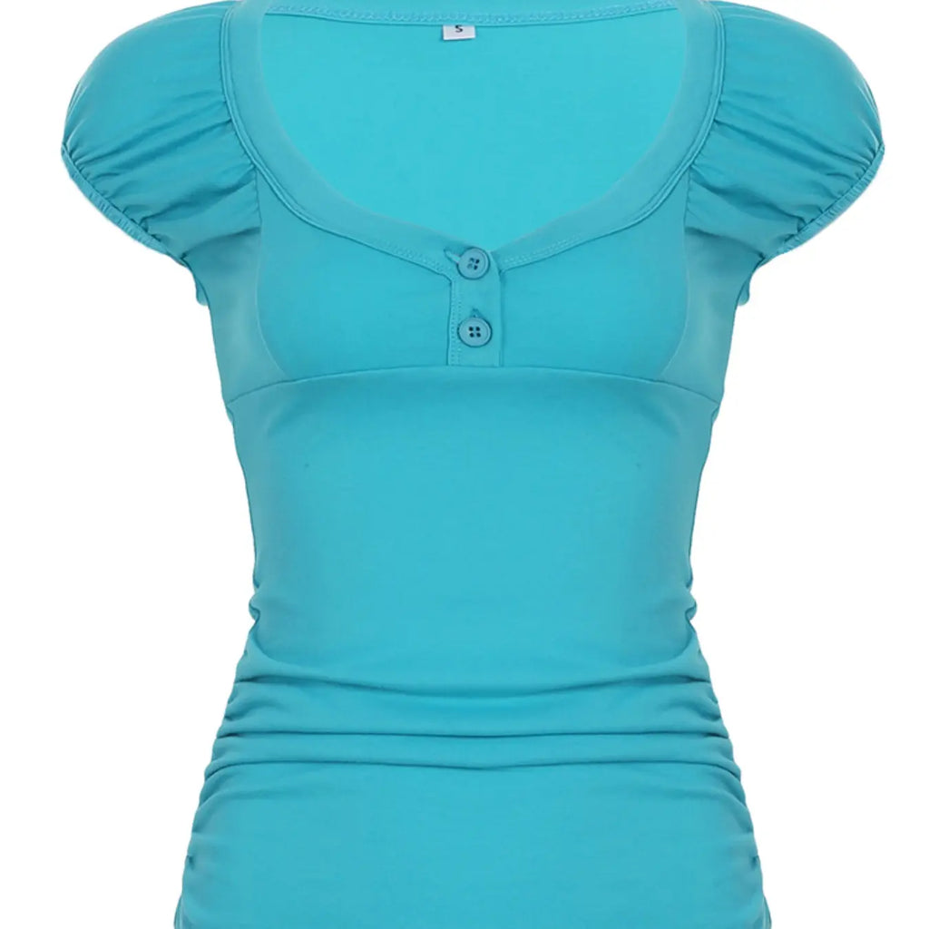 Teal Scoop Neck Top with Puff Sleeves