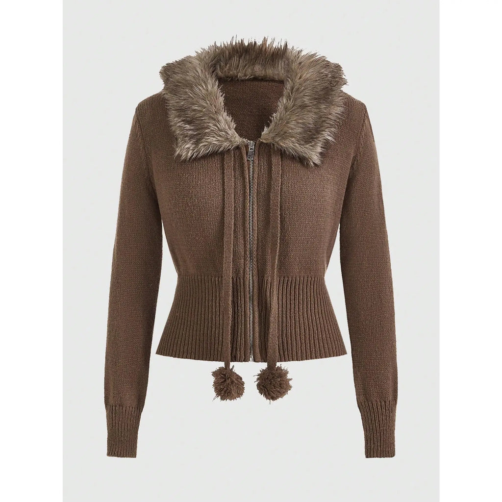 Brown Knit Zip Cardigan with Faux Fur Collar