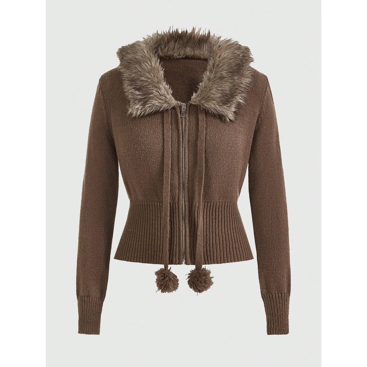 Brown Knit Zip Cardigan with Faux Fur Collar