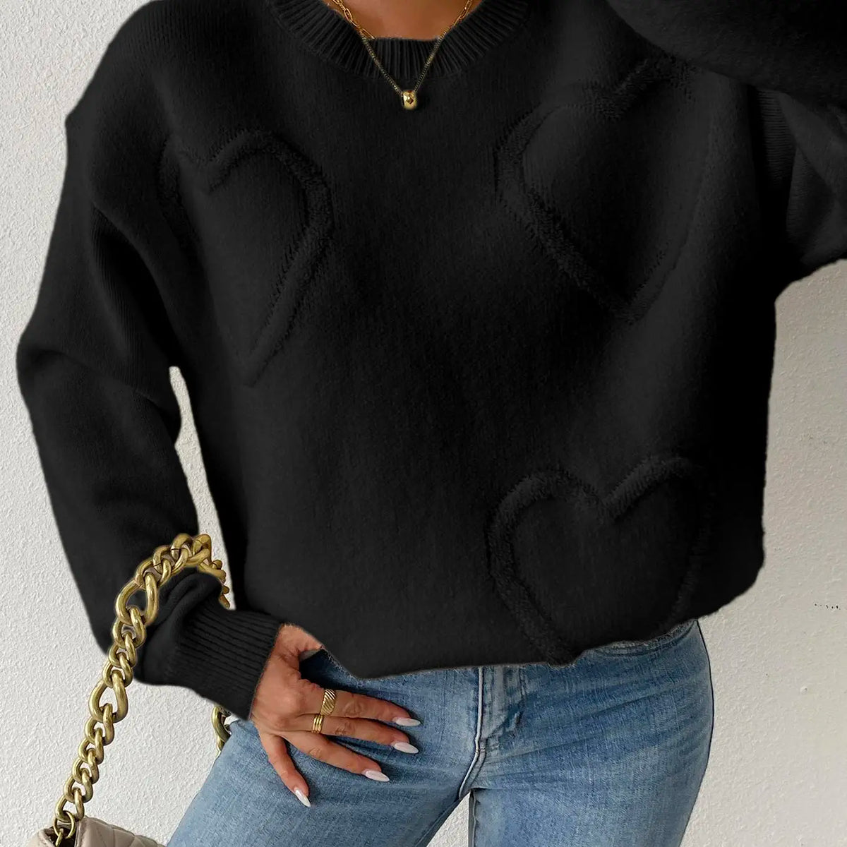Cream Knit Sweater with Raised Heart Motifs