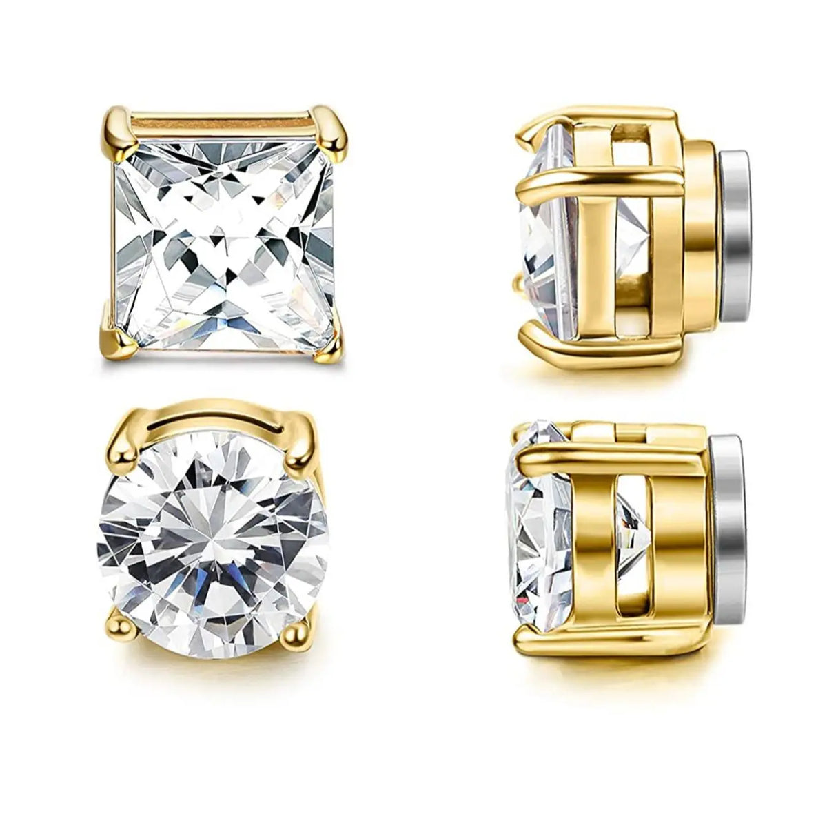 Magnetic Clear Zircon Stud Earrings, Round and Square
