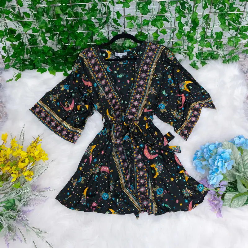 Blue Moon and Star Print Open-Front Kimono