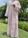 Pale Pink Floral Textured Open Front Long Coat