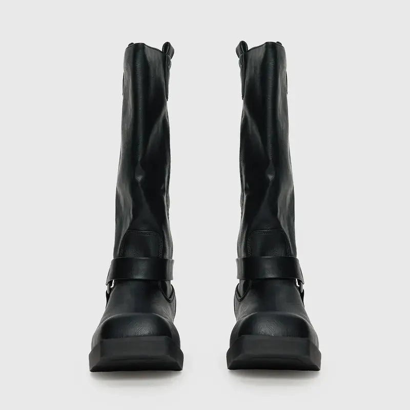 Black Mid-Calf Boots With Harness Strap