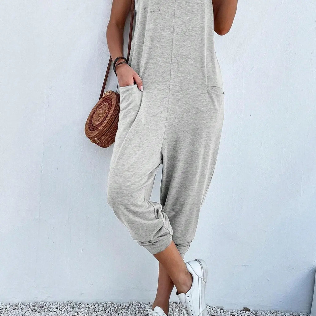 Grey Sleeveless Knit Jumpsuit with Pockets