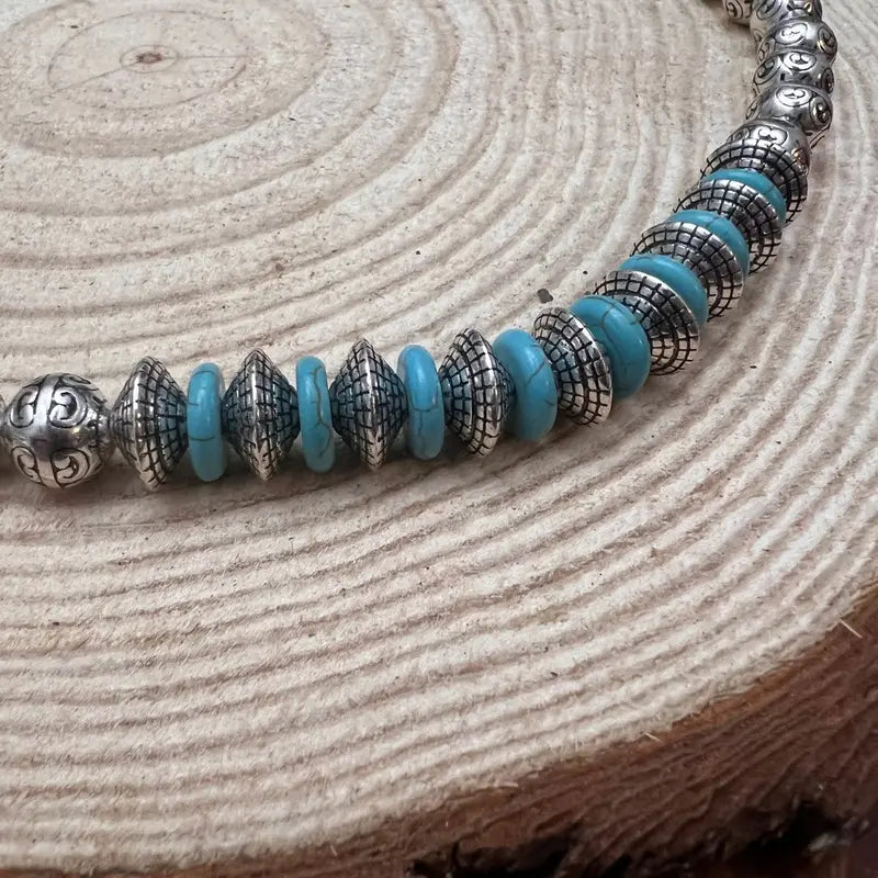 Silver-Tone Beaded Necklace with Turquoise Accents