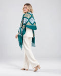 Teal Fringed Wrap with Cream and Gold Floral Pattern