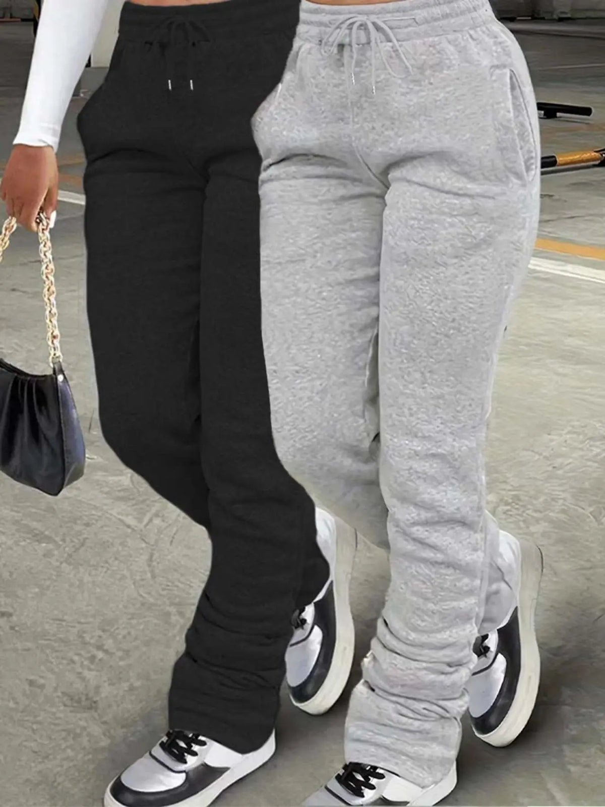 Fleece Drawstring Sweatpants With Stacked Hem, Two Colours