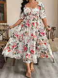 White Floral Tiered Midi Dress with Tie Front