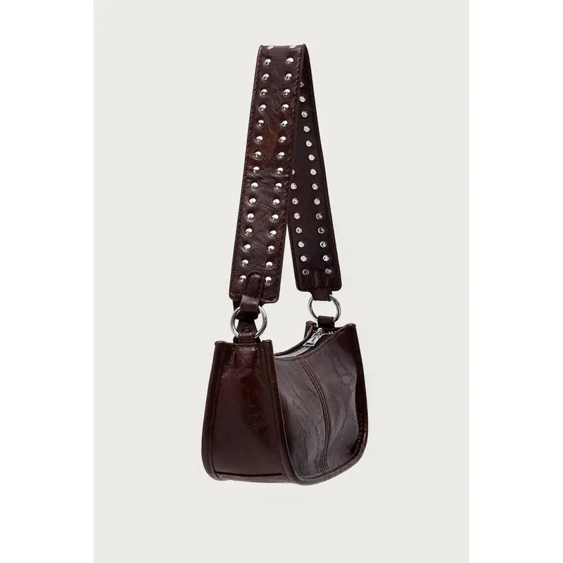 Brown Faux Leather Shoulder Bag with Studded Strap