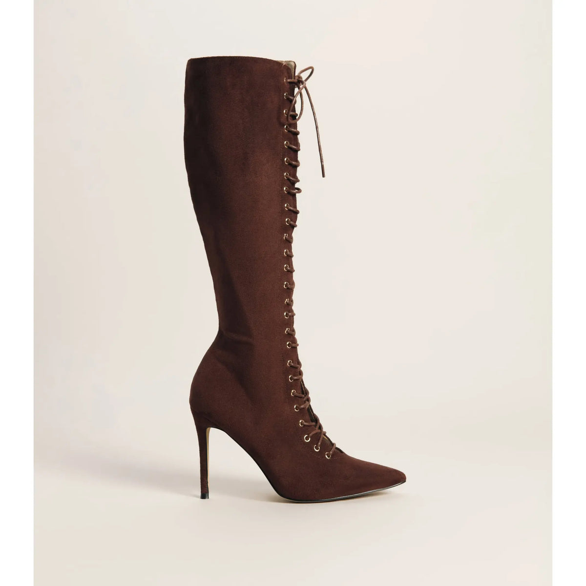 Brown Suede Lace-Up Knee High Stiletto Boots
