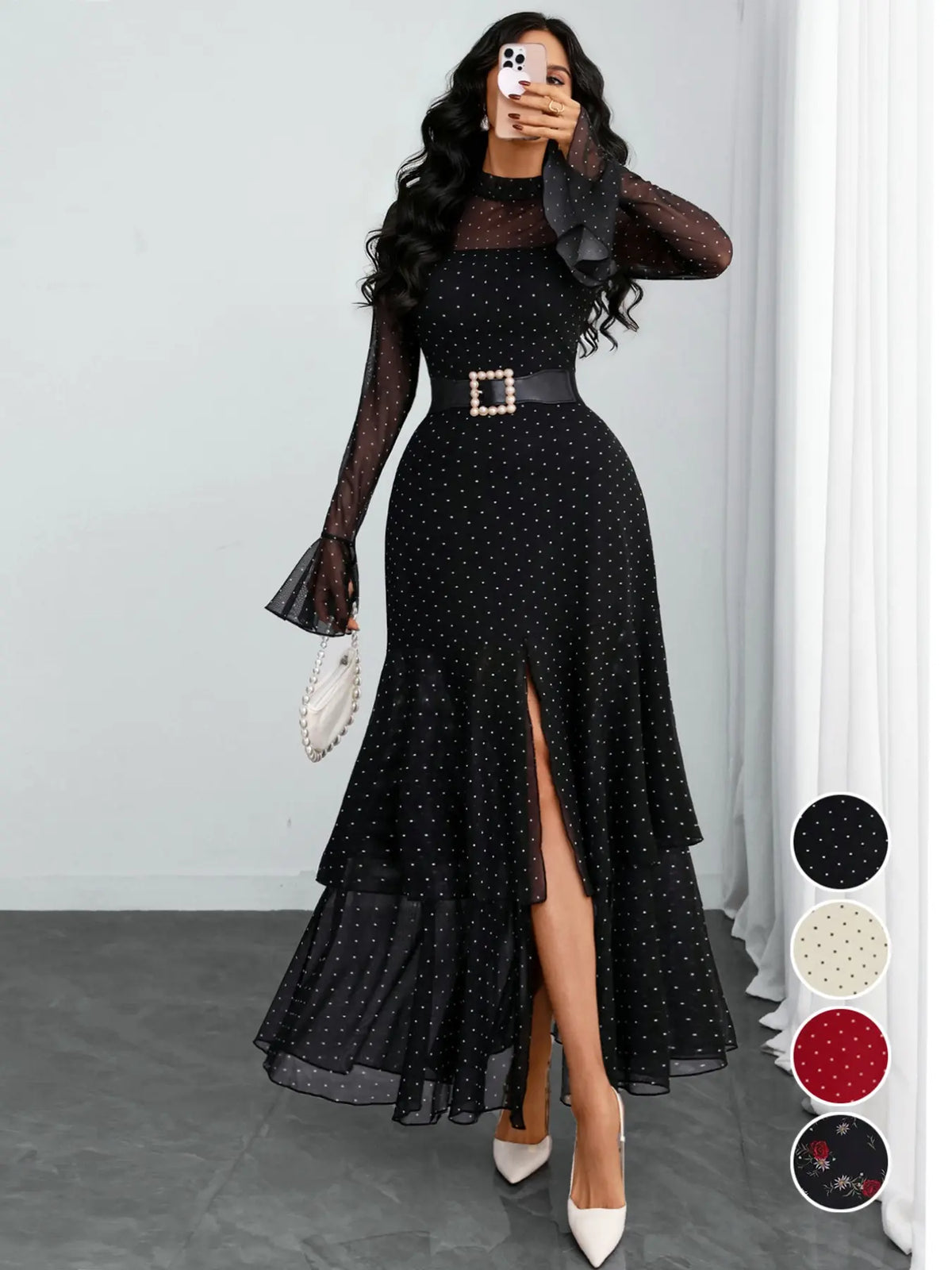Black Polka Dot Mesh Layered Long Sleeve Dress