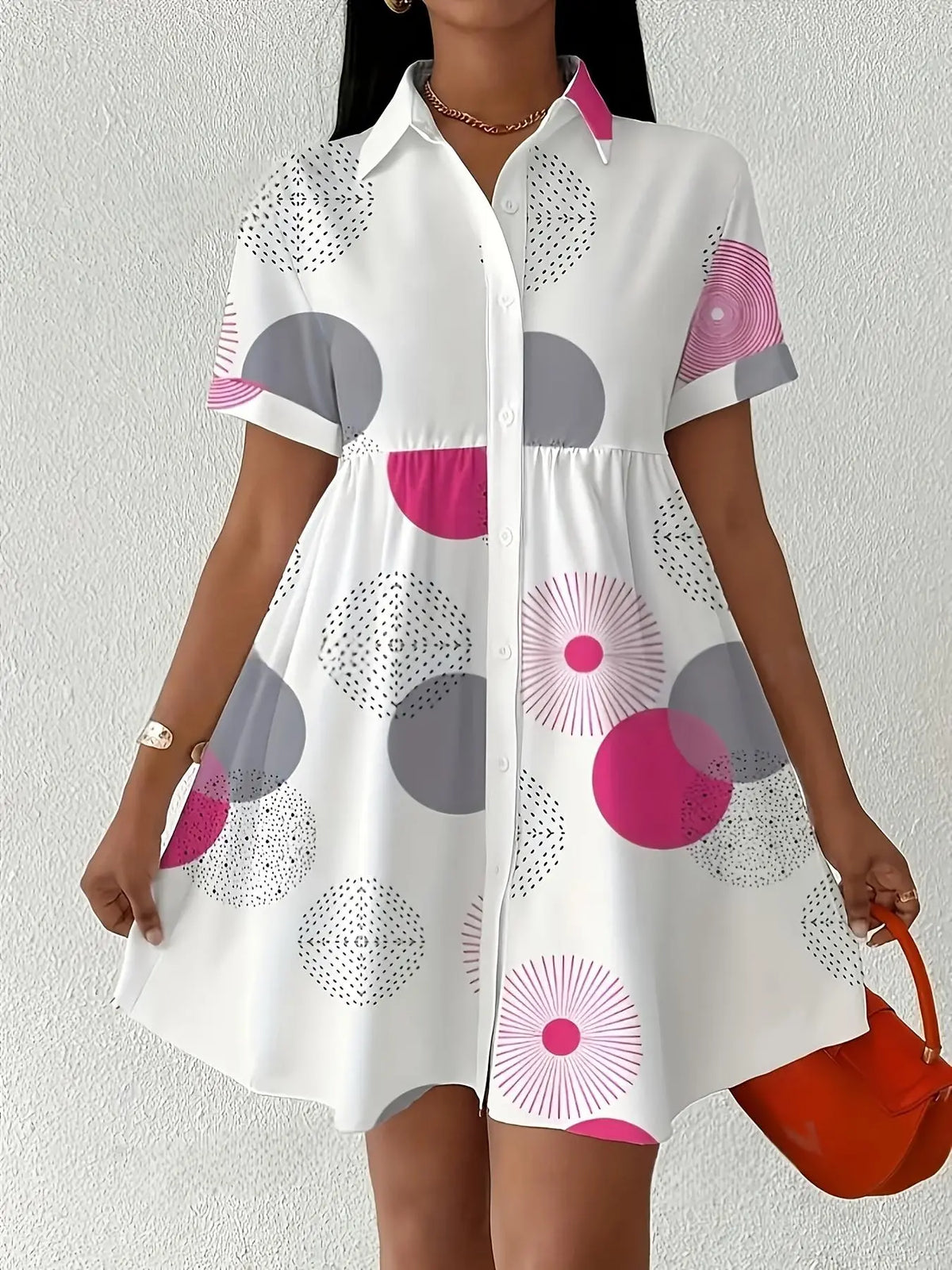 White Short Sleeve Shirt Dress With Pink Circle Print
