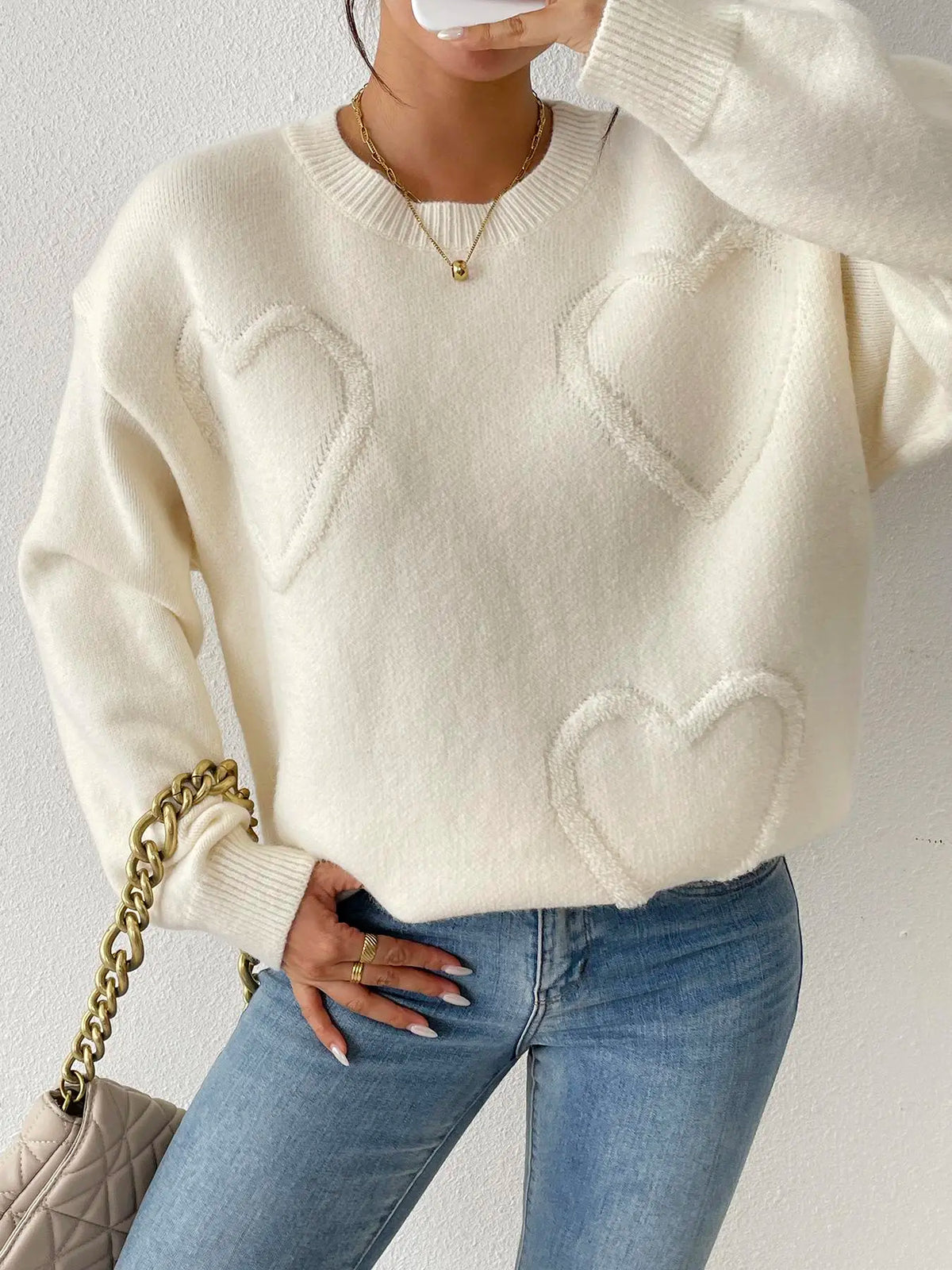 Cream Knit Sweater with Raised Heart Motifs