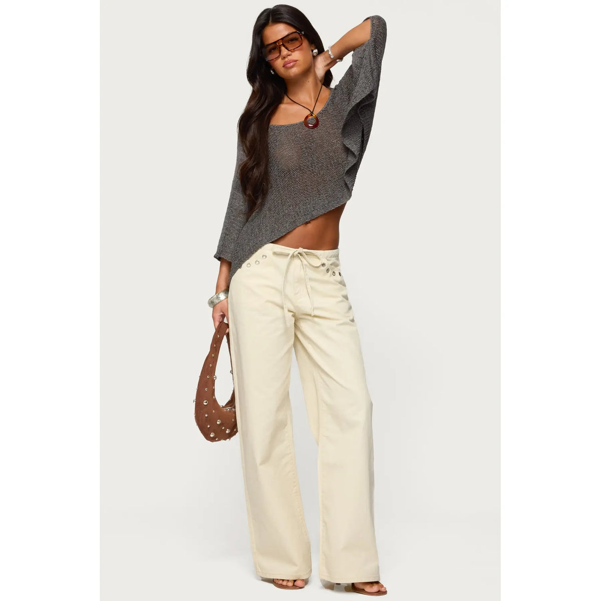 Cream Low Rise Wide Leg Pants with Lace-Up Waist