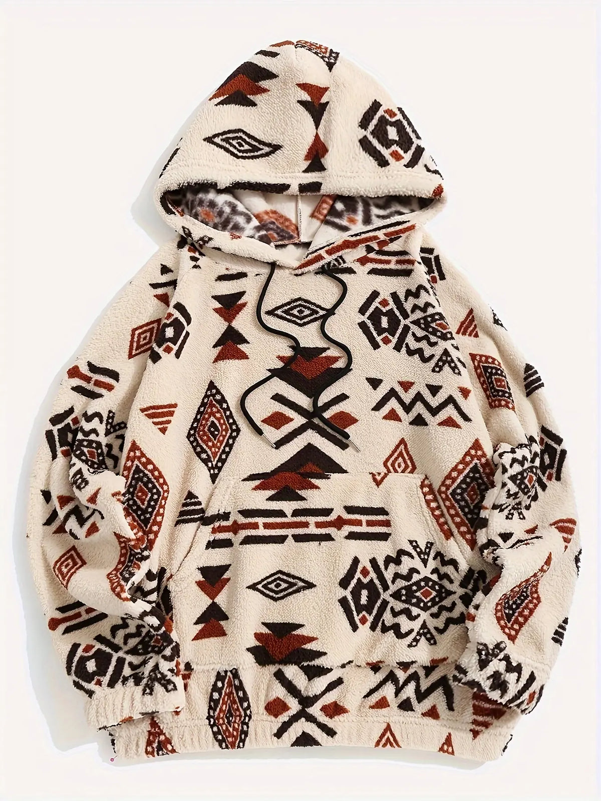 Cream Fleece Hoodie with Geometric Pattern Print